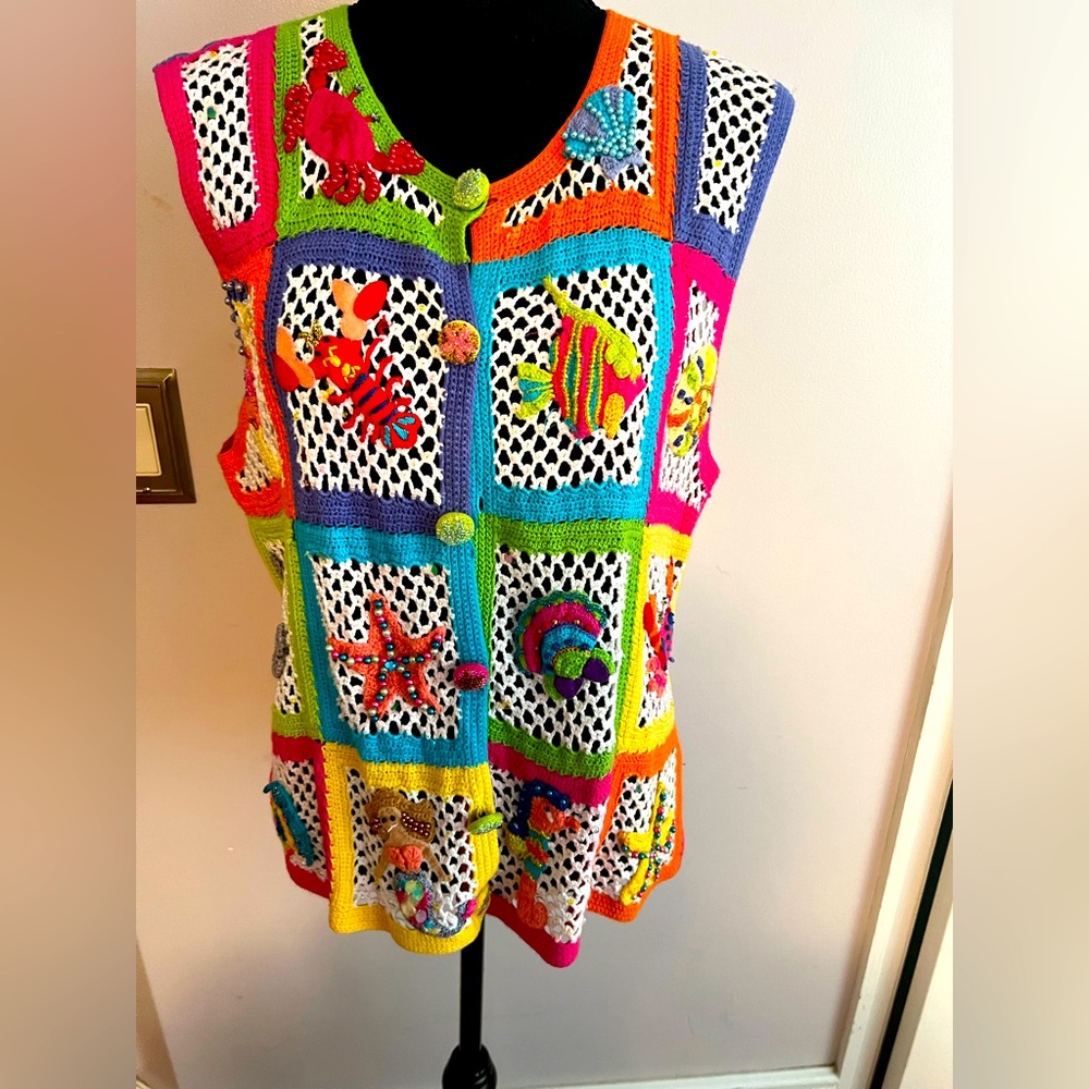 Berek 2 by Takako Sakon Crochet Vest with Fun Beach Sea Animals Patches.